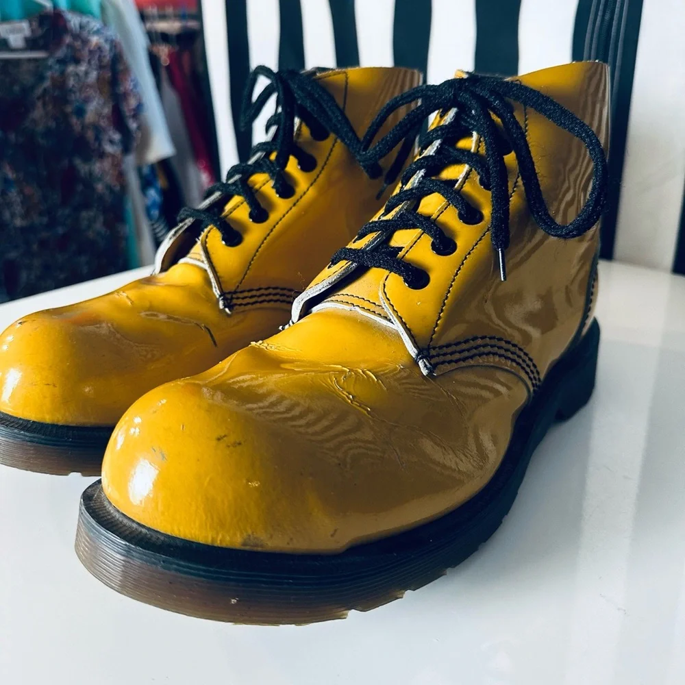 Dr. Martens RARE Vintage Patent Leather YELLOW Steel Toe Boots - Made in England